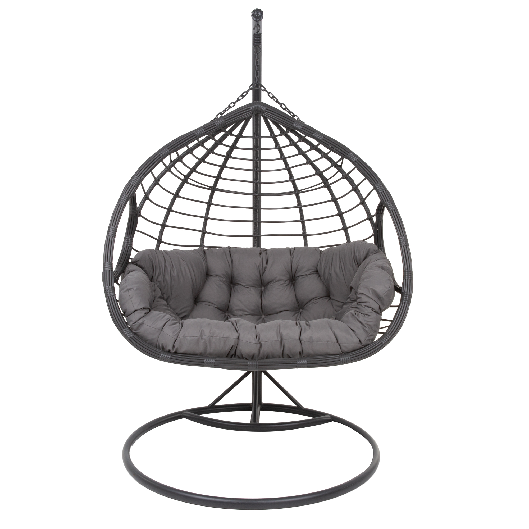 White Egg Shape Lounge Hanging Chair With White Cushion, Outdoor Swing At Wooden Deck Terrace With A Beautiful Nature Landscape Of Mountains And Green 2rn348f